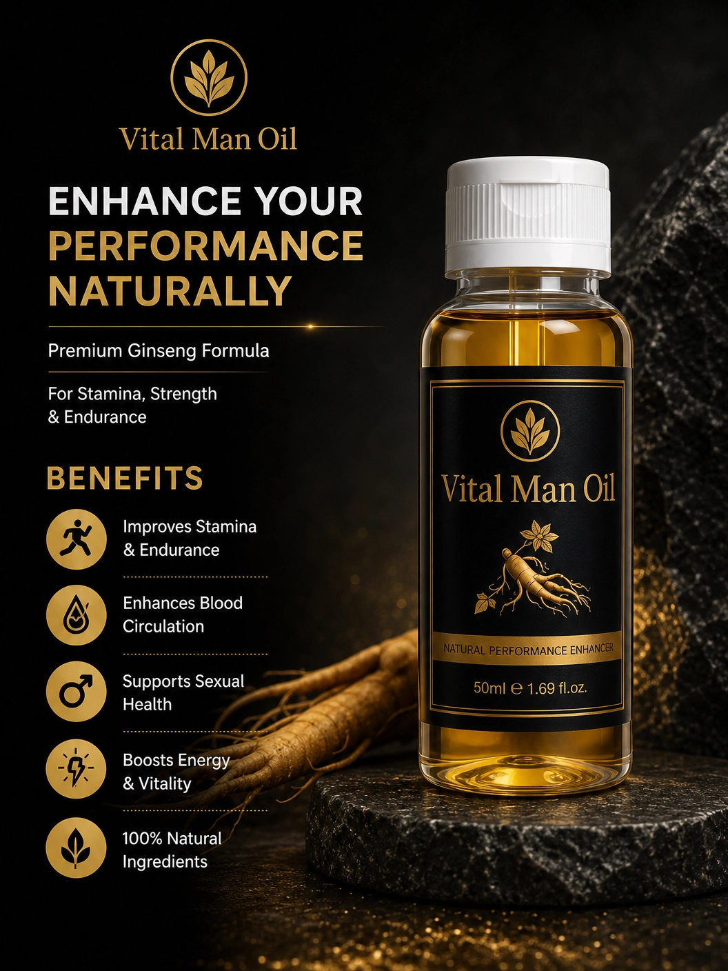 Performance Oil for Men (50ml) – Premium Ginseng Formula for Stamina, Control & Confidence | VitalMan