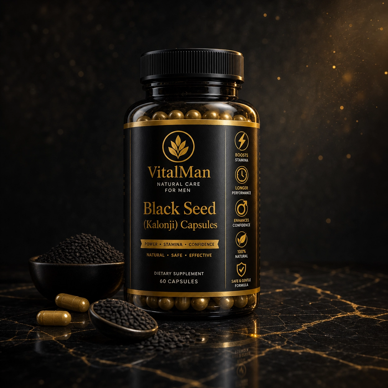 Black Seed (Kalonji) Capsules – 60 Capsules | Premium Nigella Sativa Herbal Formula for Men’s Vitality & Wellness | VitalMan