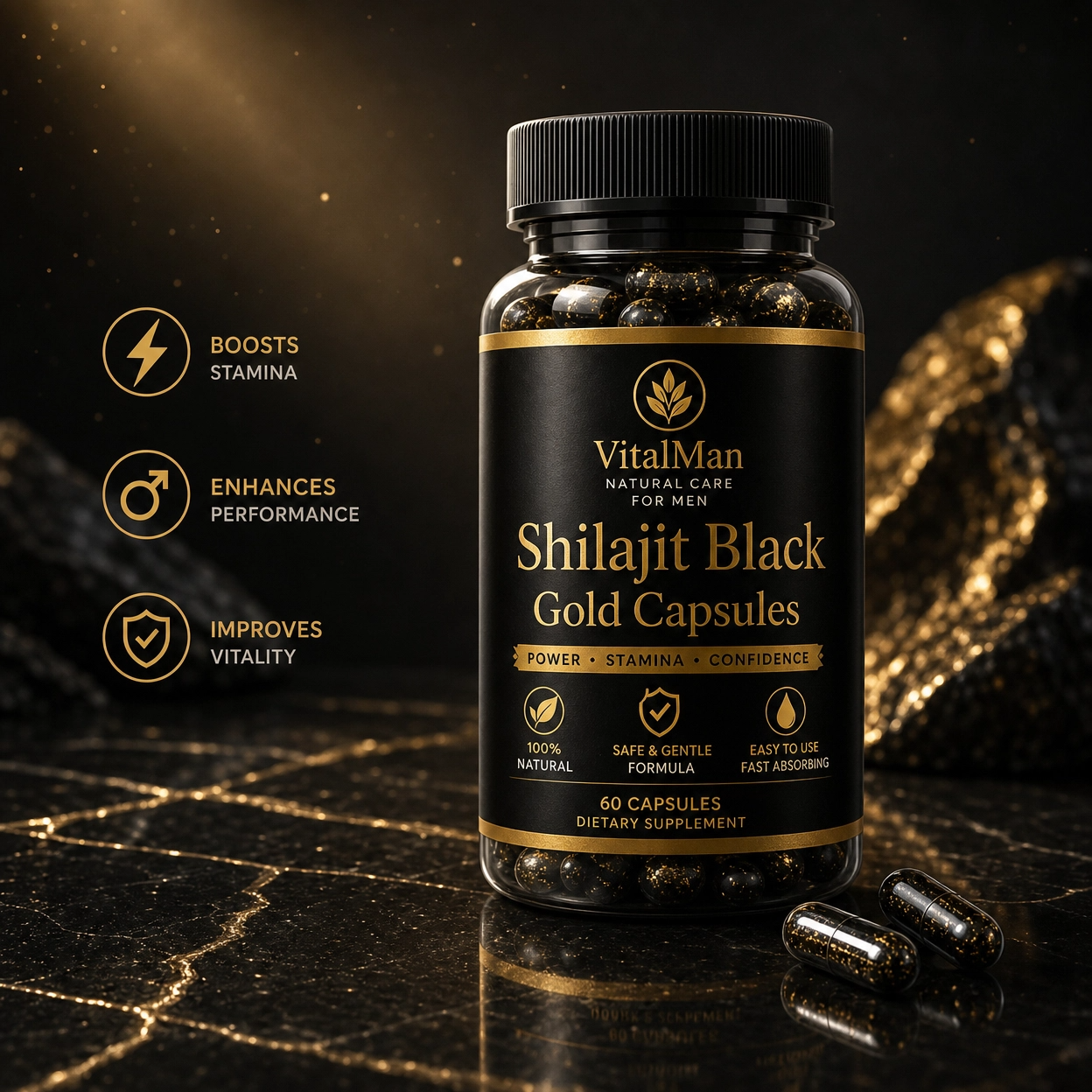 Shilajit Black Gold Capsules (60 Capsules) - Premium Himalayan Resin Formula for Energy, Stamina & Vitality | VitalMan
